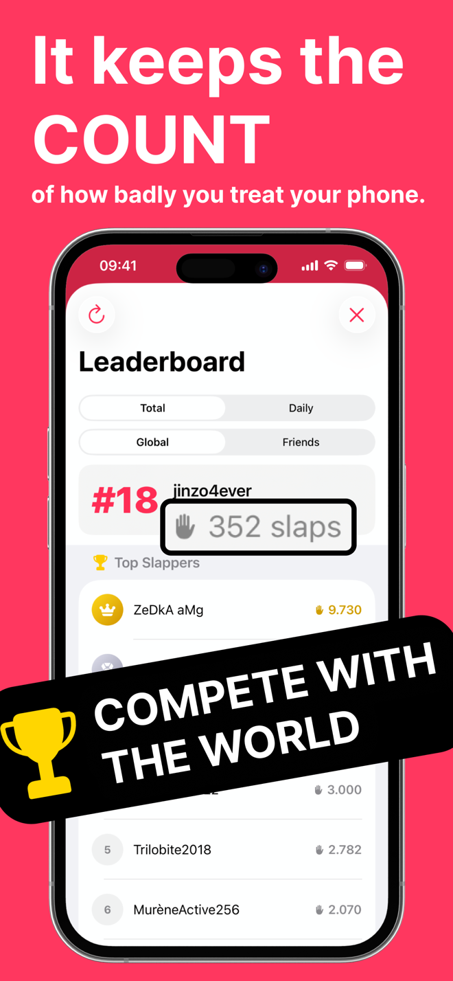 Spank Phone leaderboard with total and daily rankings, global and friends tabs and top slappers