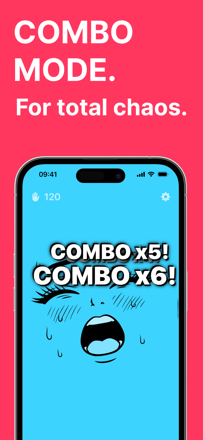Combo mode: blue cartoon face with 'COMBO x5! COMBO x6!' on screen