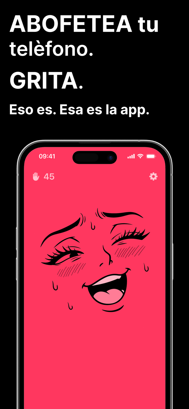 Pantalla de Spank Phone: pega al teléfono y grita, con una cara de dibujos animados sobre fondo rosa y el contador de bofetadas