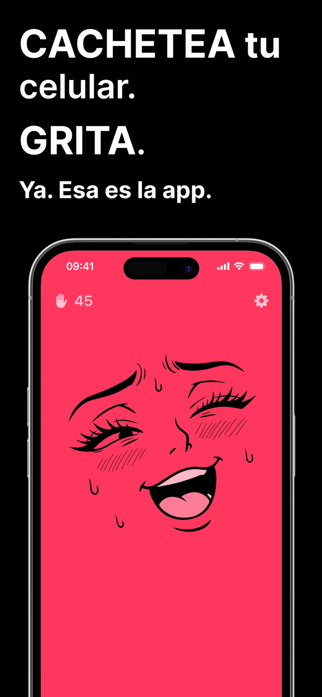Pantalla de Spank Phone: pégale al celular y grita, con una cara de caricatura en fondo rosa y el contador de cachetadas