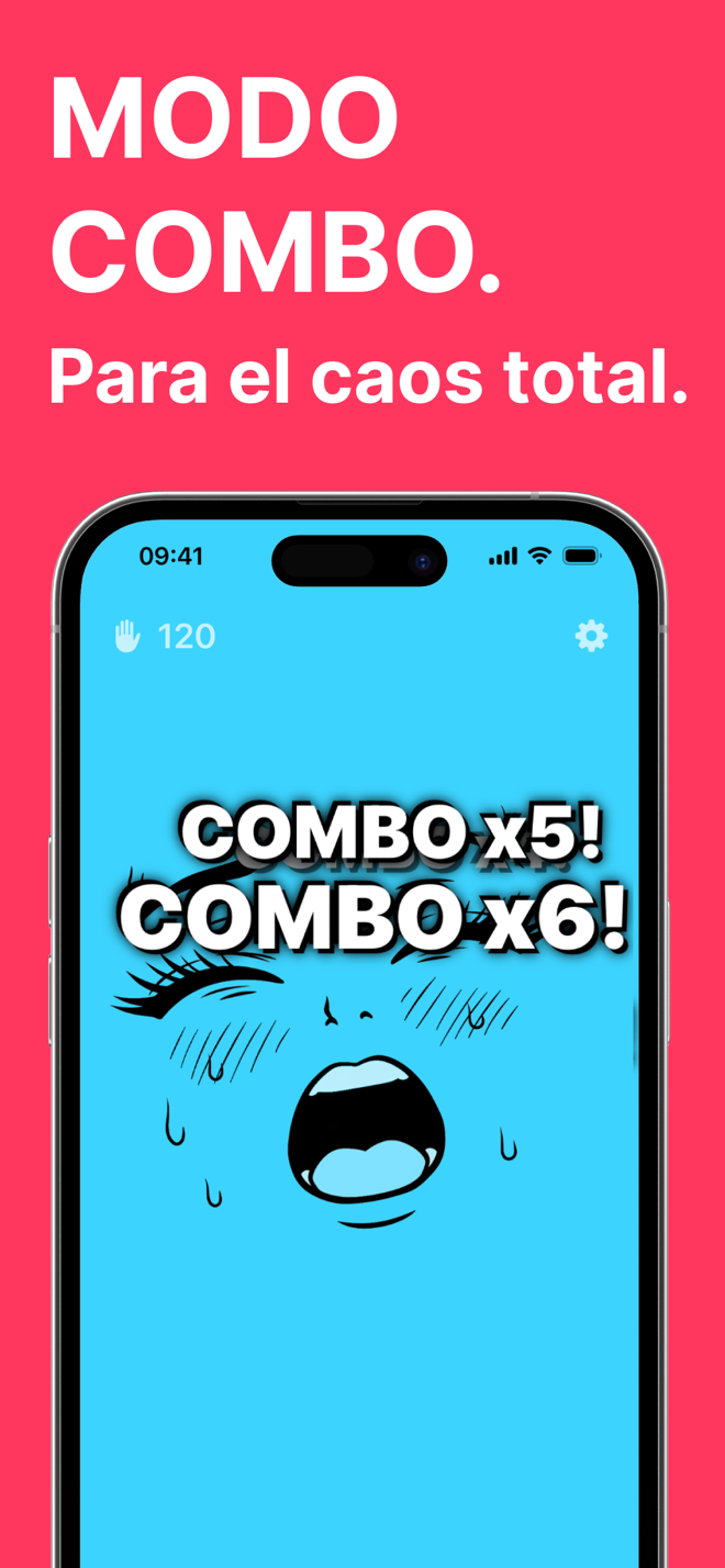 Modo combo: cara azul de caricatura con combo x5 y combo x6 en pantalla