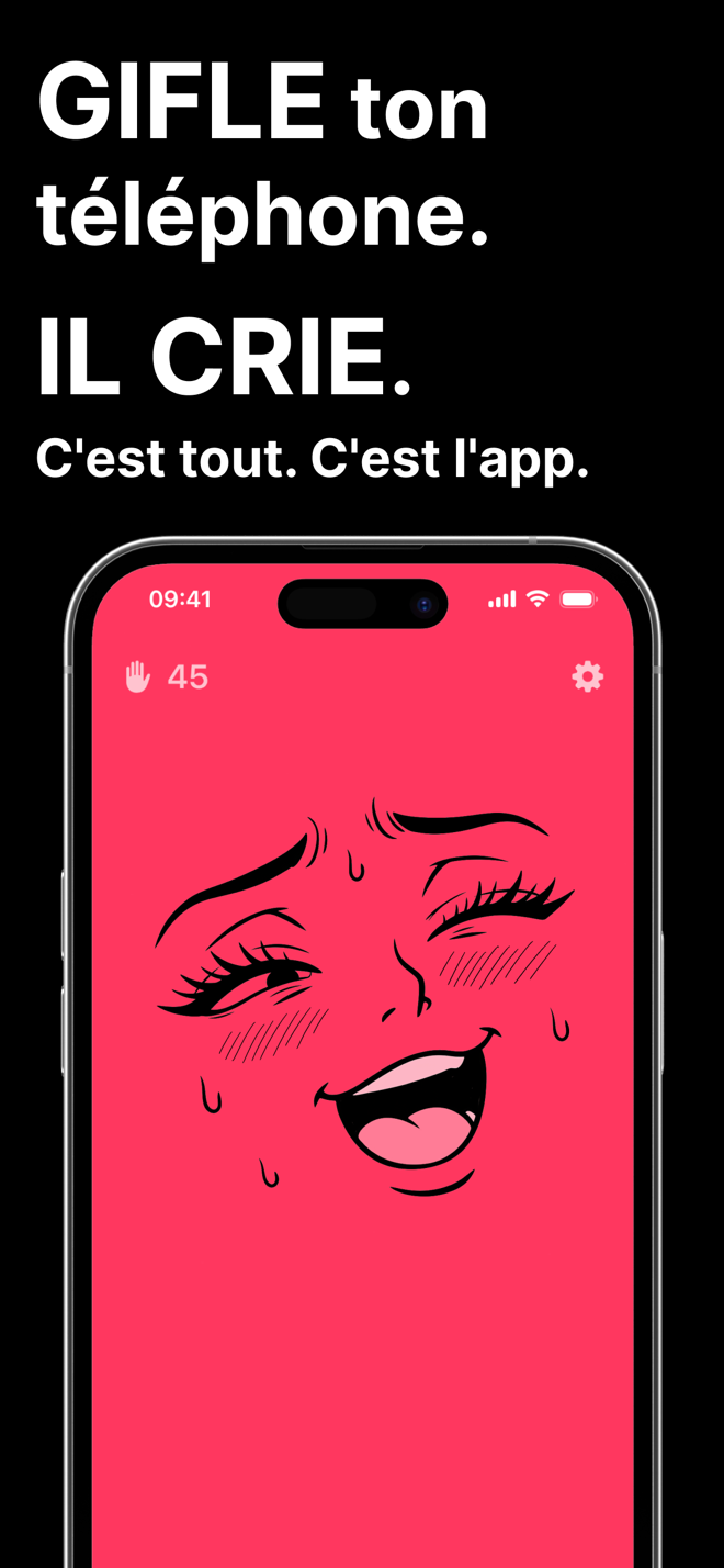 Écran de Spank Phone : gifle ton téléphone, il crie, avec un visage de dessin animé coquin sur fond rose et le compteur de claques