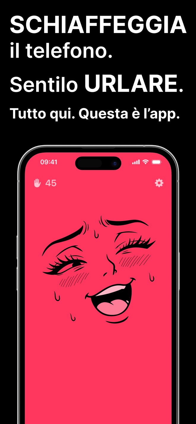 Schermata di Spank Phone: schiaffeggia il telefono e urla, con una faccia da cartone animato su sfondo rosa e il contatore degli schiaffi