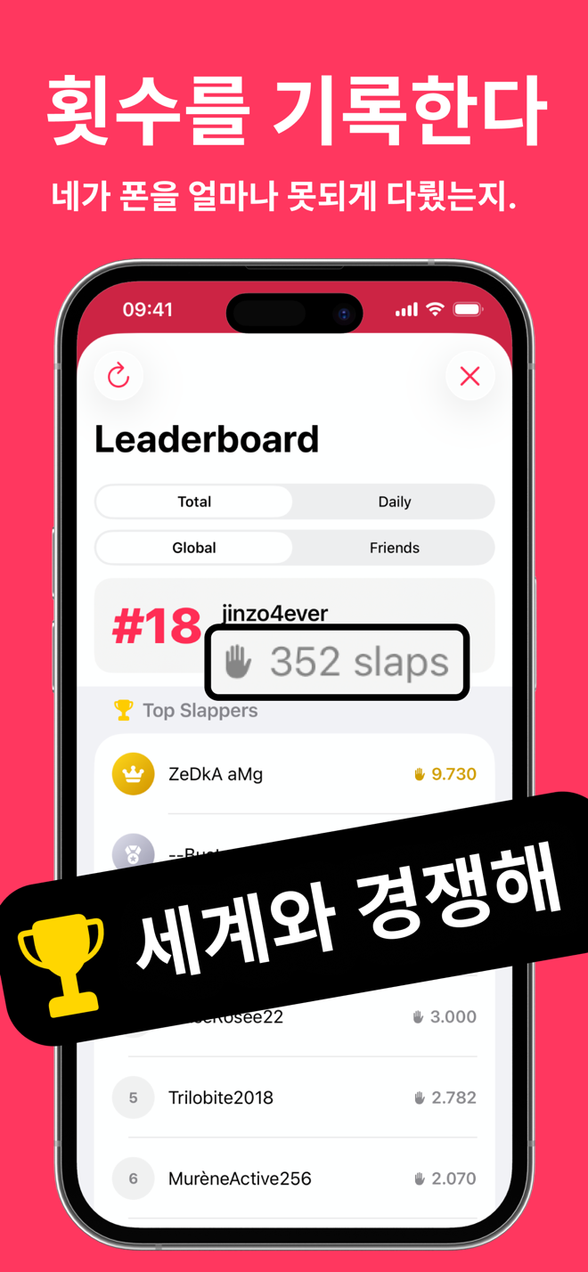 Spank Phone 리더보드: 전체와 일간, 글로벌과 친구 랭킹