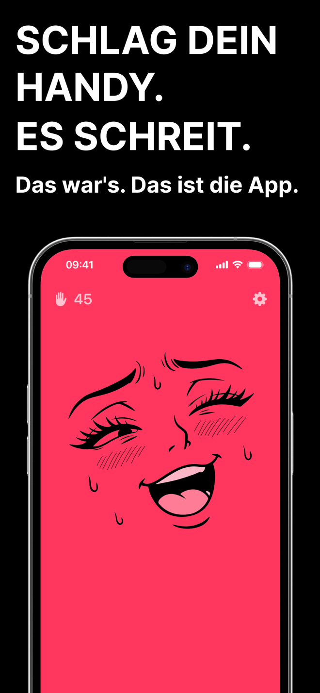 Spank Phone-scherm: geef je telefoon een klap en hij schreeuwt, met een brutaal cartoongezicht op een roze scherm en de klapteller
