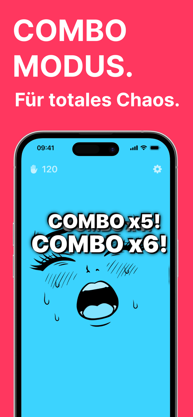 Combomodus: blauw cartoongezicht met combo x5 en combo x6 op het scherm