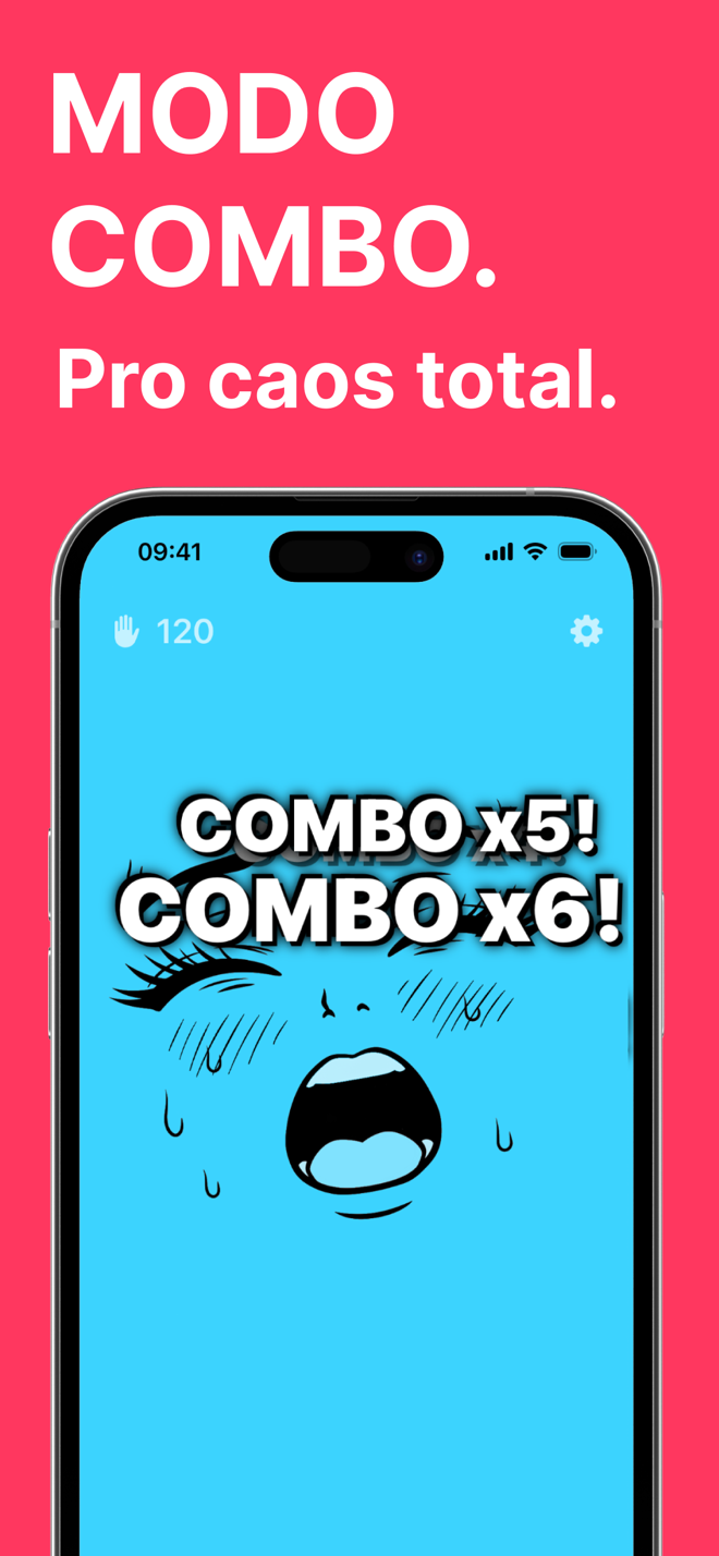 Modo combo: cara azul de desenho animado com combo x5 e combo x6 na tela